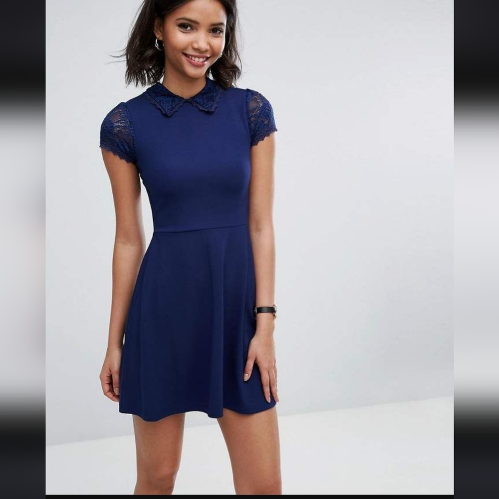 ASOS Navy Blue Dress, Lace Peter Pan Collar and Lace Sleeves size 4